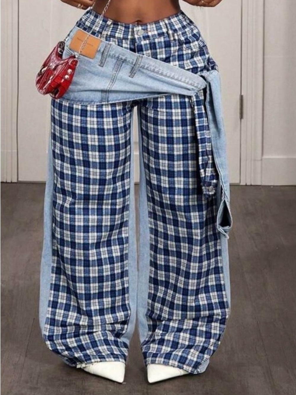 New Blue Denim & Plaid Wide-Leg Women’s Jeans with Side Wrap